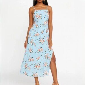 Ever After Women's Light Blue Floral Maxi Dress with Side Slit in size Large